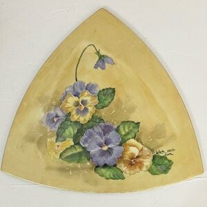 Artisan Hand-Painted Pansy Triangular Floral Platter Purple Yellow Artist Signed